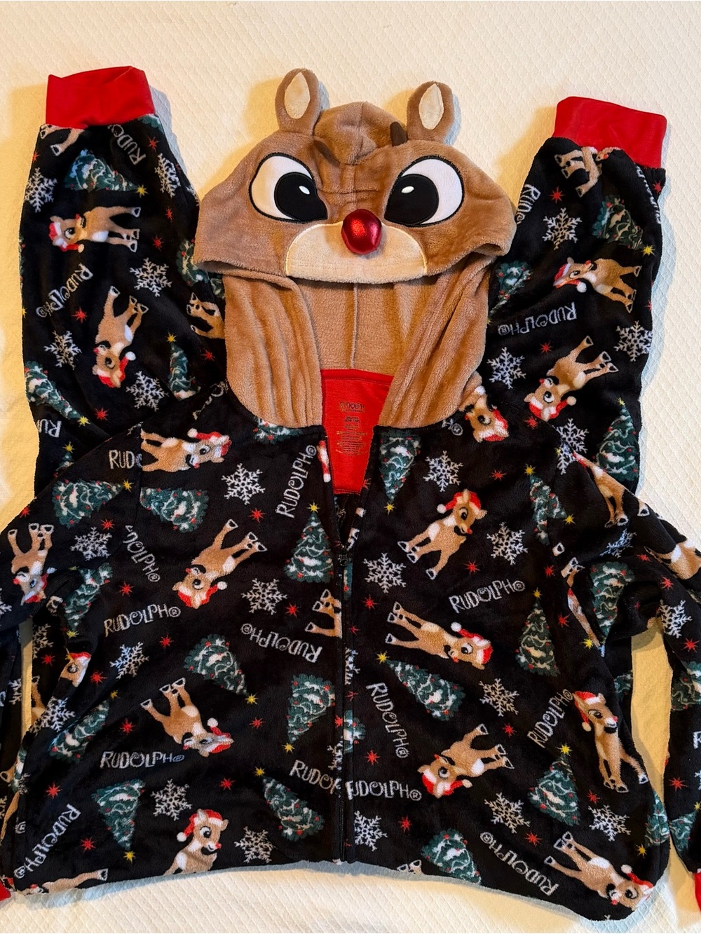 Adult 3XL Black Rudolph Hoodie Onesie Pajamas with Red Accents